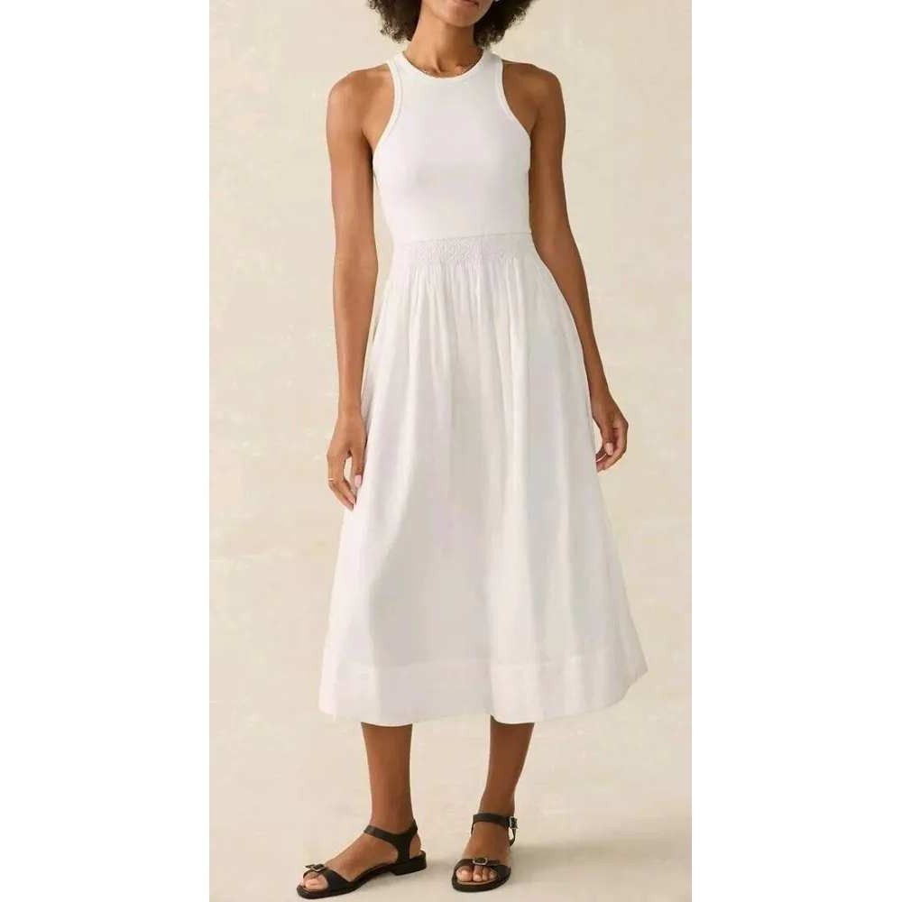Faherty XL White Midi Dress Organic Cotton Smocked Coastal Summer Boho Tank